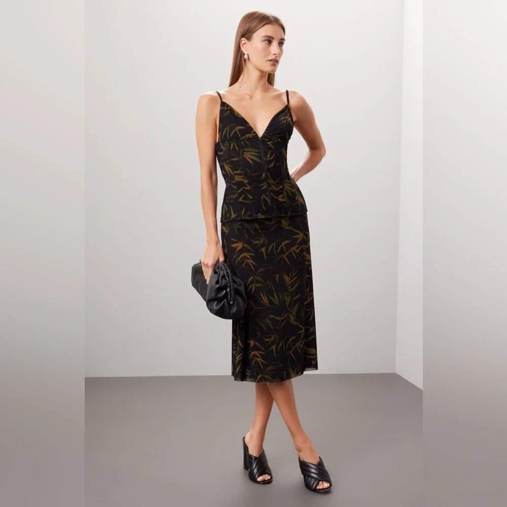 WEWOREWHAT Mesh Black Midi Skirt with falling leaves pattern small